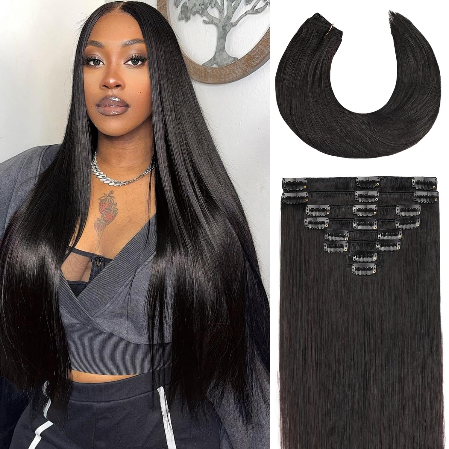 Clip In Hair Piece - 8 adet Klipsli Saç Uzantıları Jet