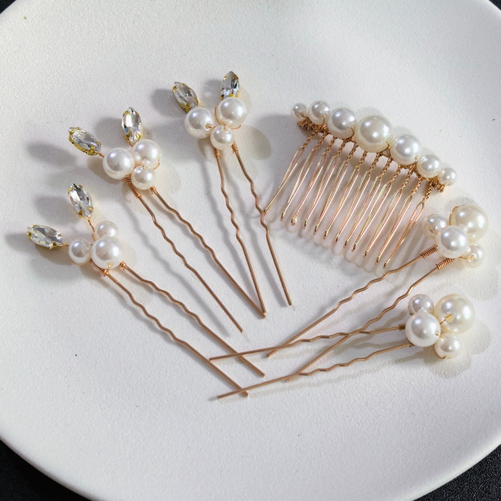 Clip In Hair Piece - İnci Kristal Saç Tokası Tarak Seti